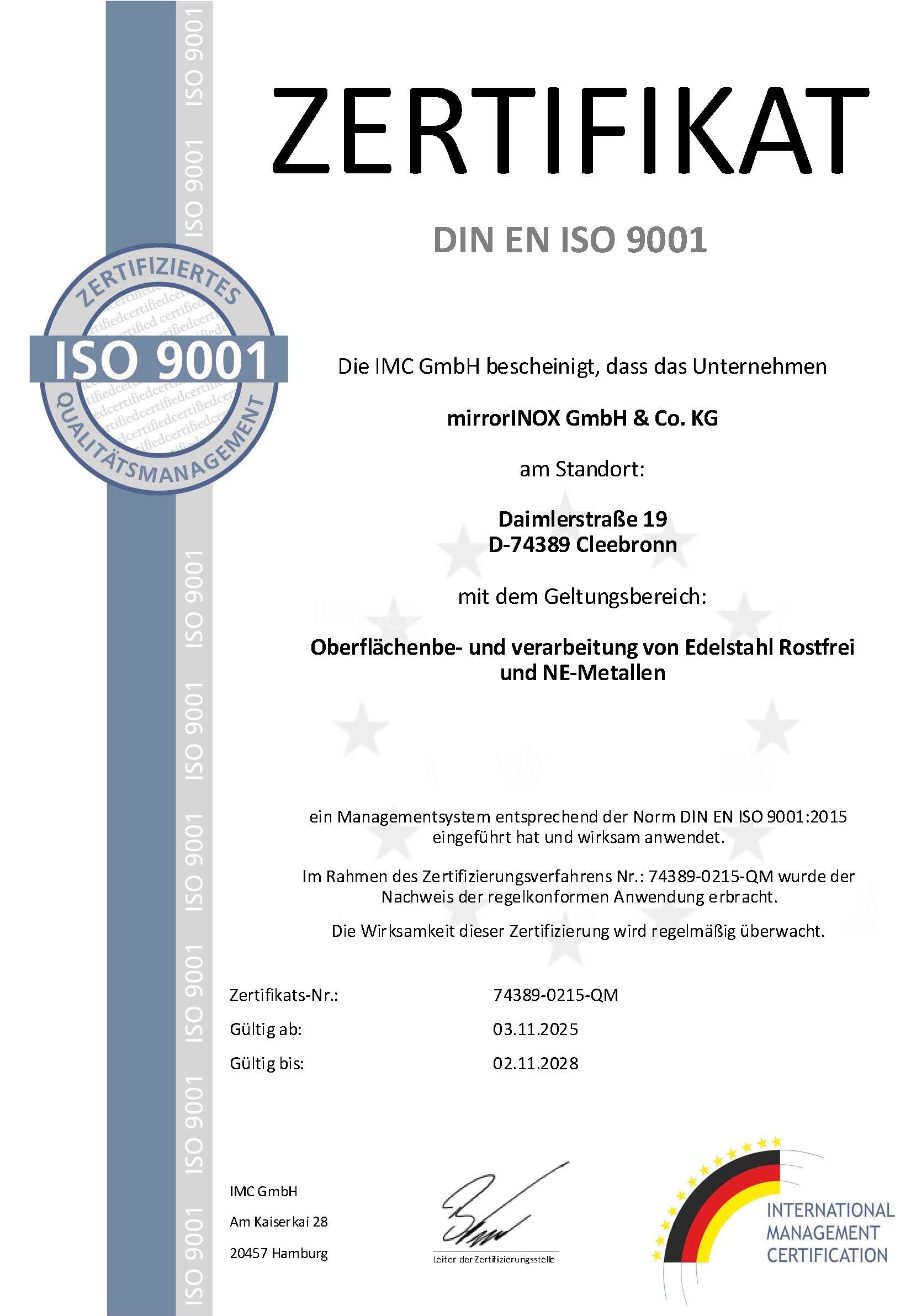 Qualität bestätigt – Zerifikat verlängert ISO 9001:2015